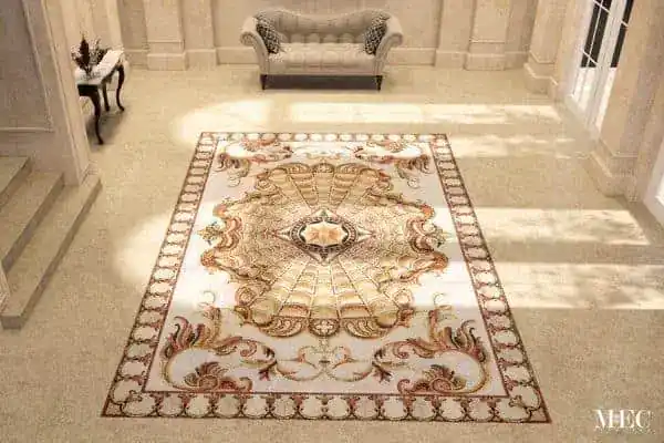 A luxury marble mosaic rug with organic patterning and a luxury colour scheme.