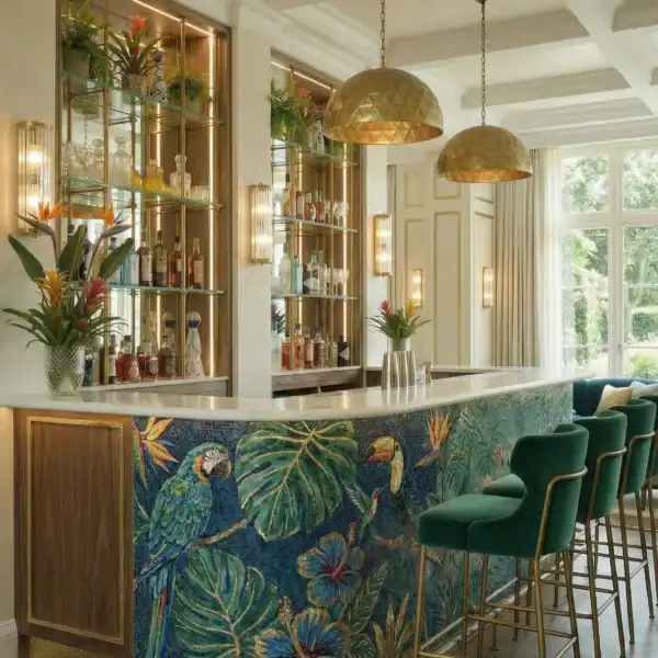 Rio Verde Rio Verde tropical mosaic bar featuring a colorful parrot, exotic birds, lush leaves and blue flowers in rich emerald and teal glass tesserae.