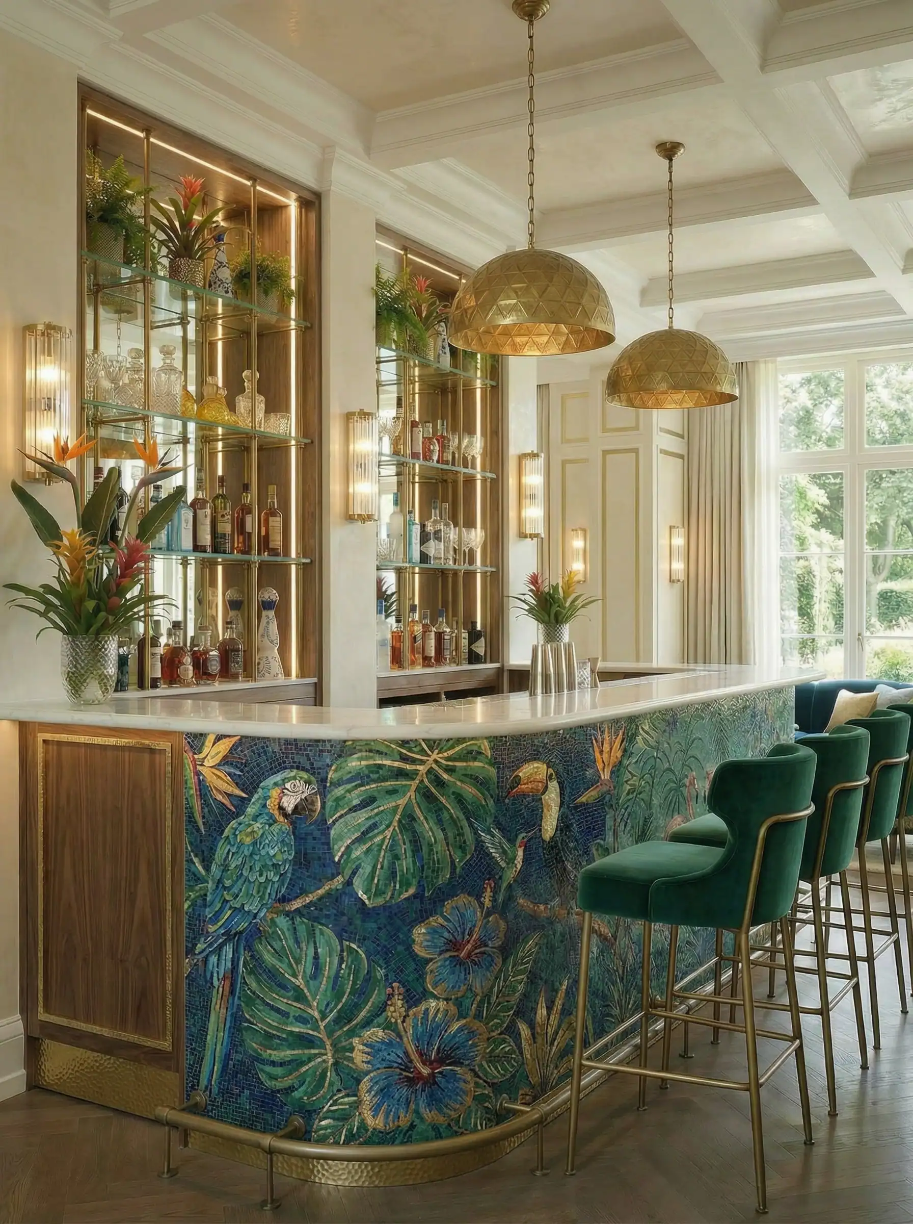 Rio Verde tropical mosaic bar featuring a colorful parrot, exotic birds, lush leaves and blue flowers in rich emerald and teal glass tesserae.