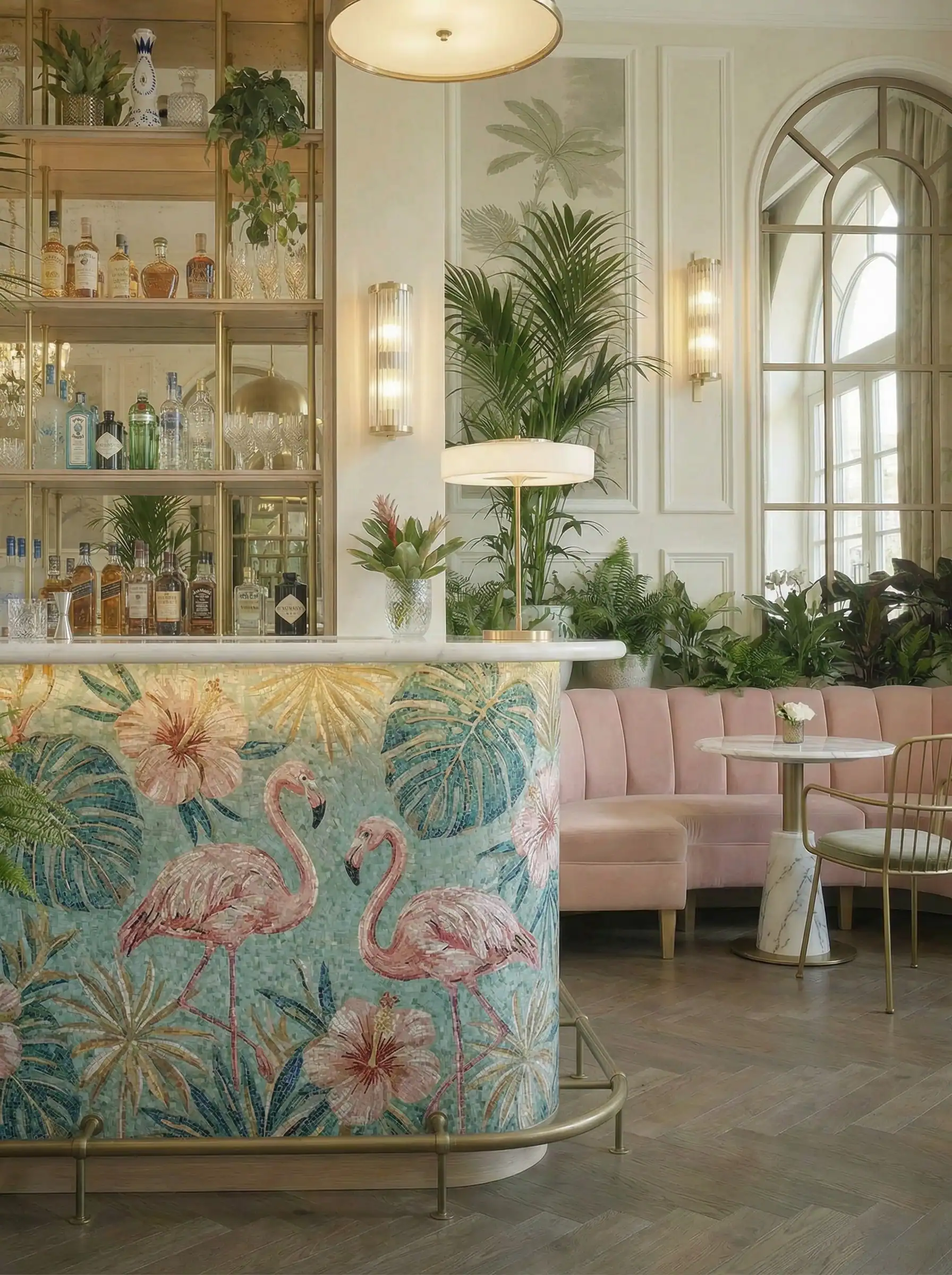 Rosé Tropicale mosaic bar with pink flamingos, aqua background, monstera leaves and blush tropical flowers.