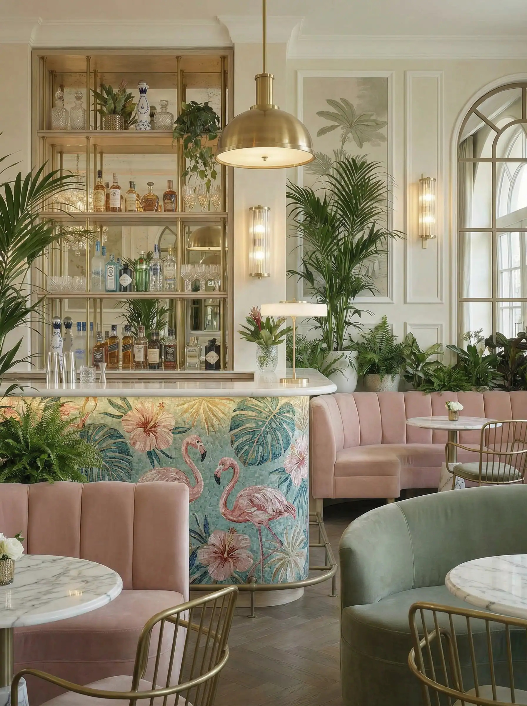 Rosé Tropicale mosaic bar with pink flamingos, aqua background, monstera leaves and blush tropical flowers.