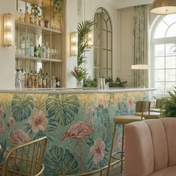 Rosé Tropicale Rosé Tropicale mosaic bar with pink flamingos, aqua background, monstera leaves and blush tropical flowers handcrafted in glass and marble.