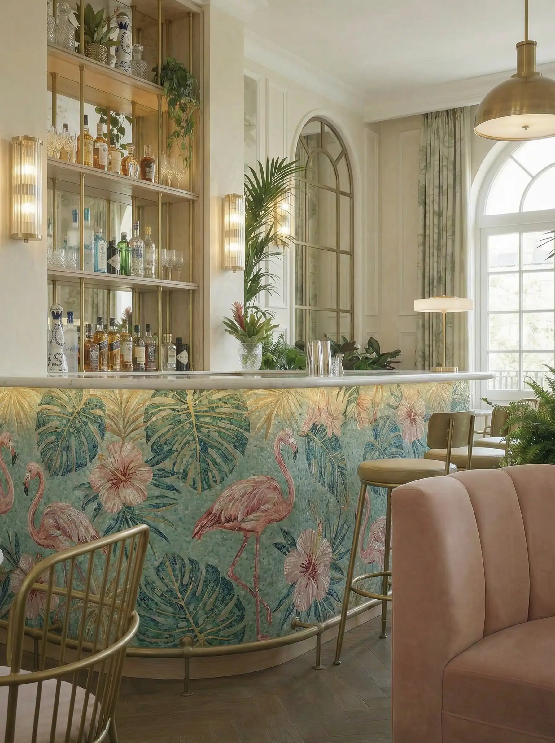 Rosé Tropicale mosaic bar with pink flamingos, aqua background, monstera leaves and blush tropical flowers handcrafted in glass and marble.