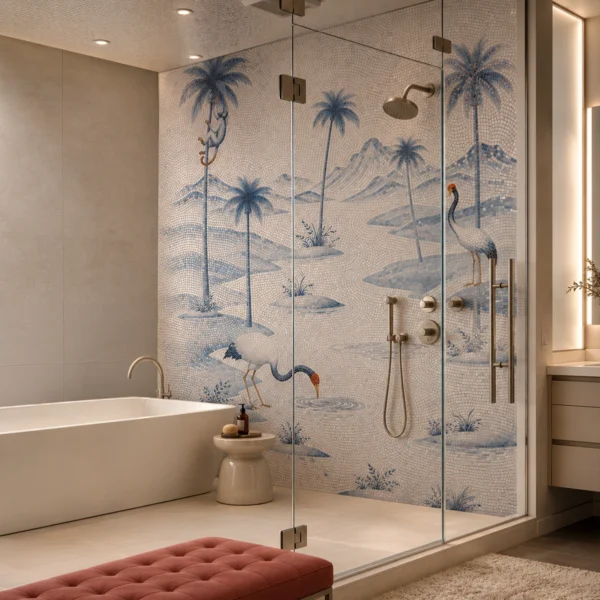 Siren Isle handcrafted blue and white mosaic mural featuring cranes, palm trees, mountains and tropical waterways on an ivory background