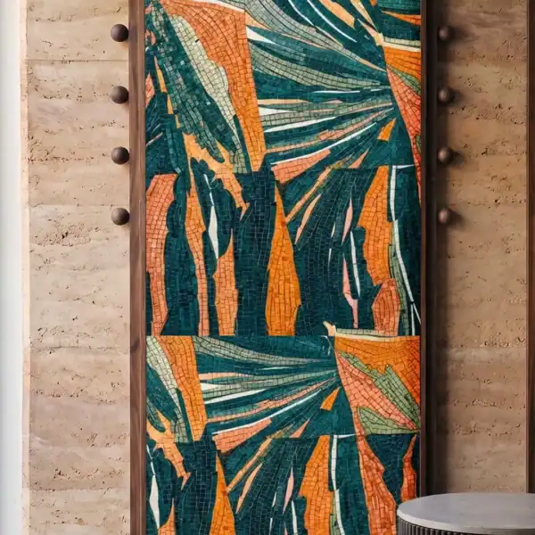 The Aurora The Aurora Mosaic features abstract tropical foliage in deep teal, emerald, orange, coral and sage tones within a striking framed wall panel.
