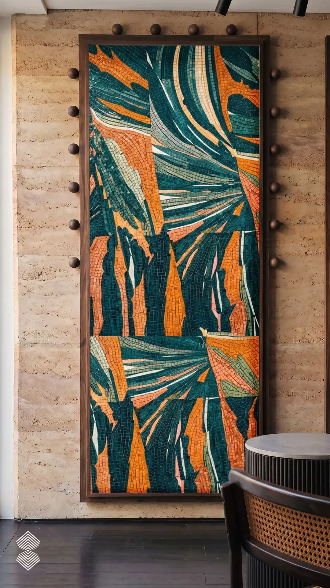 The Aurora Mosaic features abstract tropical foliage in deep teal, emerald, orange, coral and sage tones within a striking framed wall panel.