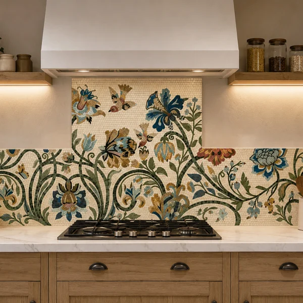 The Millefleur Heirloom Backsplash Millefleur mosaic kitchen backsplash with ornate flowers, curling green vines and birds in teal, gold and earthy tones behind a cooktop.