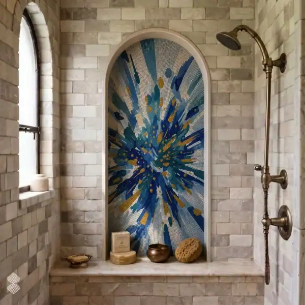 The Supernova The Supernova Mosaic features a radiant burst of blue, teal, white and gold mosaic tesserae within an elegant arched shower niche.
