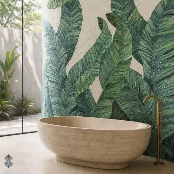 Tropicana Leaf Tropicana Leaf Mosaic featuring oversized green banana leaves in emerald, olive and sage tones on a soft ivory glass and marble mosaic background.
