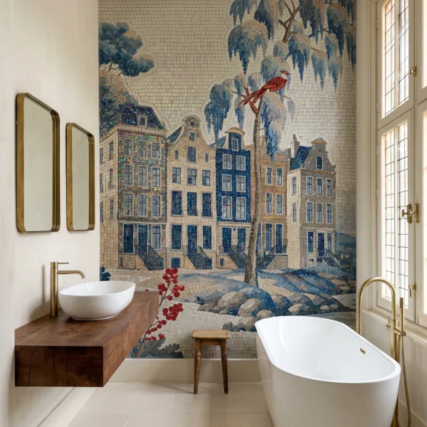 Wisteria Haven handcrafted scenic mosaic mural featuring canal townhouses, blue wisteria trees and a crimson songbird on a soft ivory background