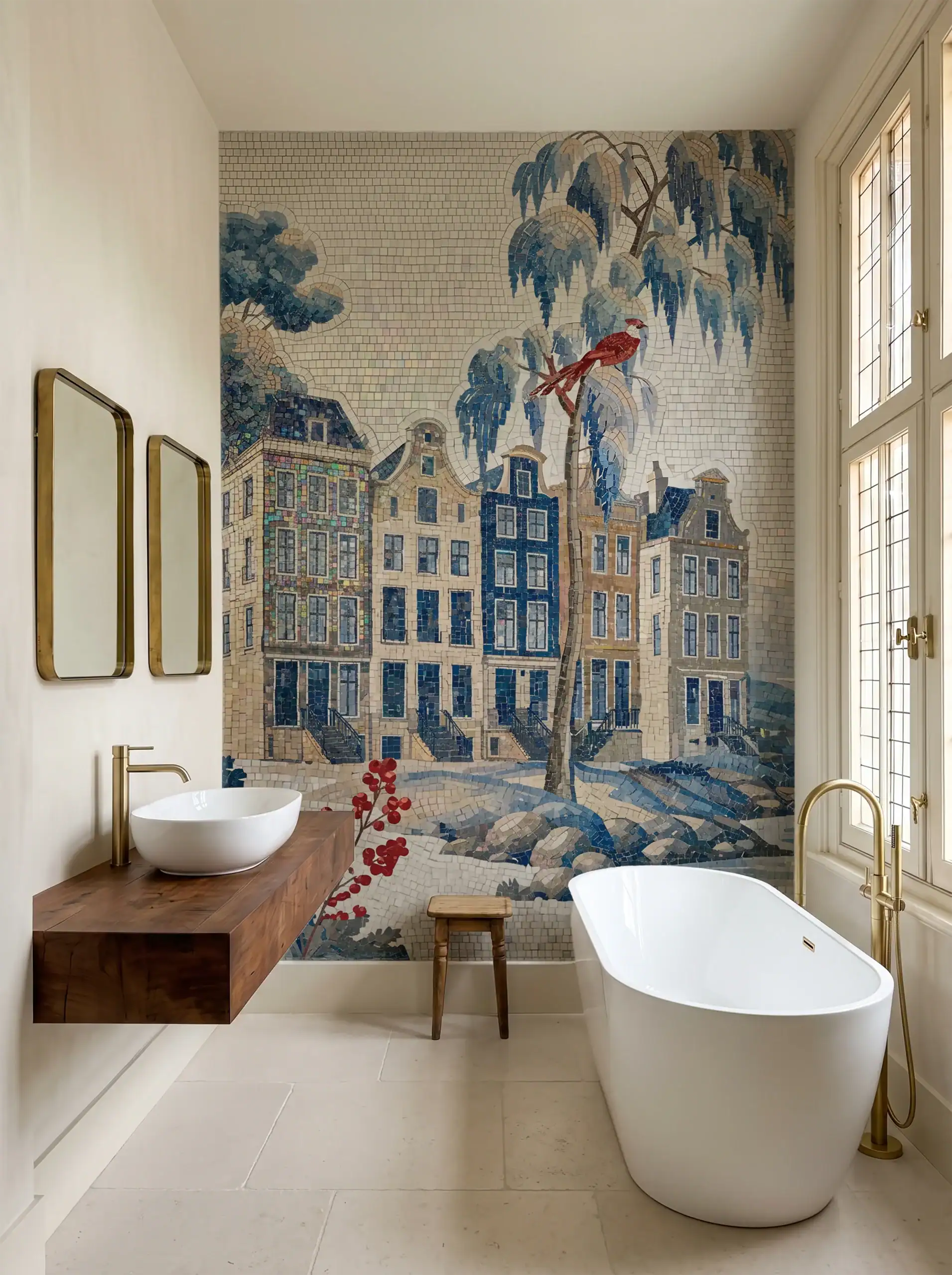 handcrafted scenic mosaic mural featuring canal townhouses, blue wisteria trees and a crimson songbird on a soft ivory background