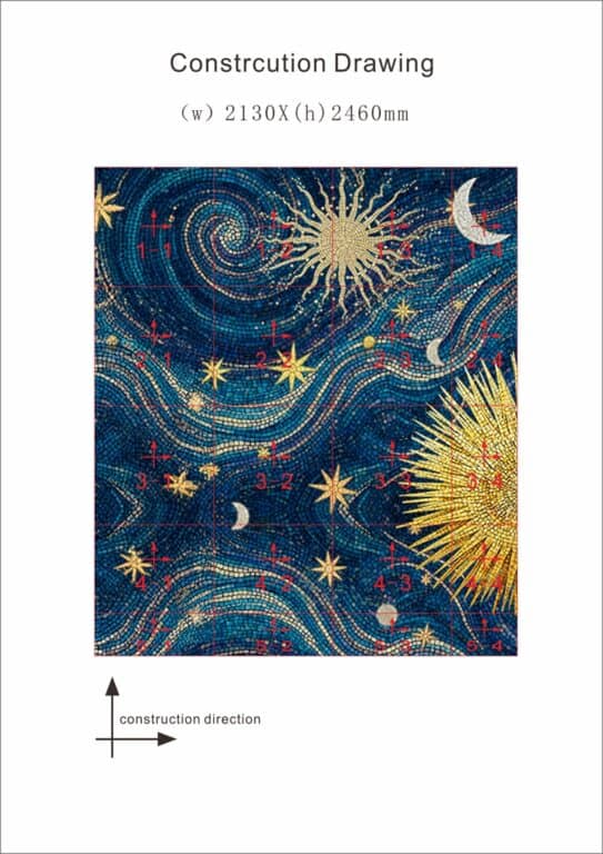 A construction drawing for a starry night mosaic, featuring a numbered red assembly grid and dimensions of 2130 by 2460mm.