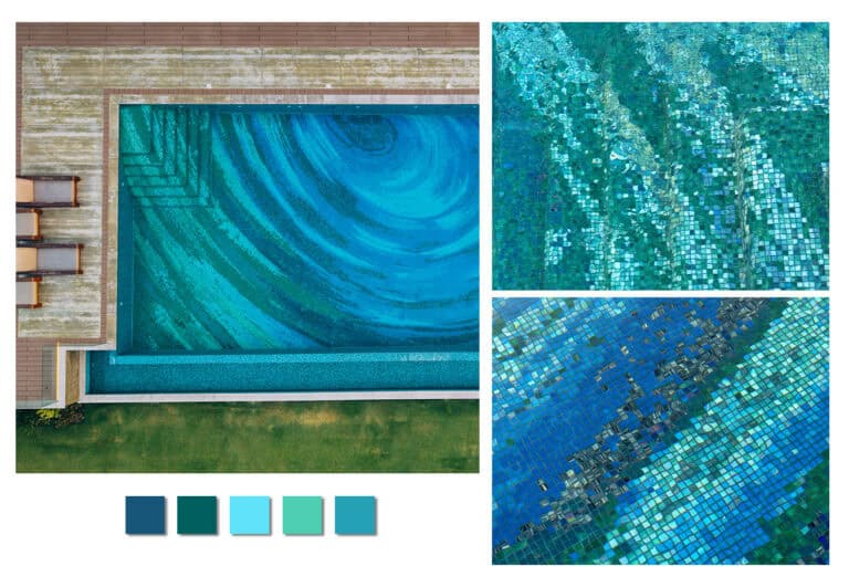 Close up of reflective glass mosaic tiles in swimming pool