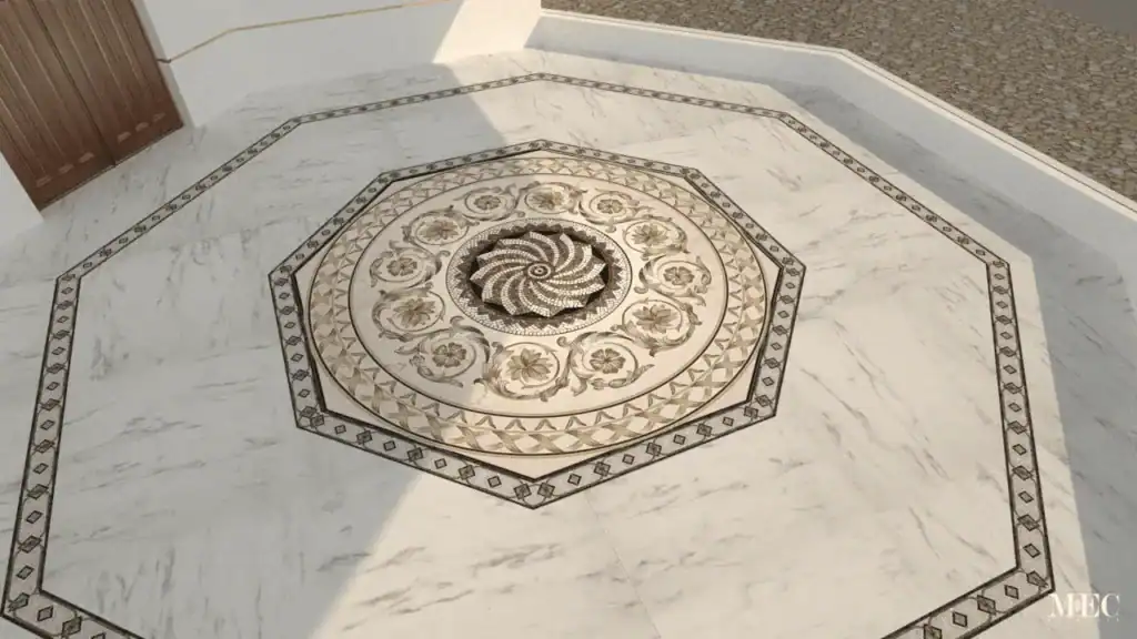 An octagonal outdoor marble mosaic rug.