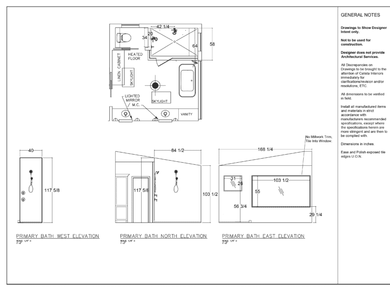 An architectural document showing the floor plan and three wall elevations (West, North, East) for a primary bathroom, including dimensions, notes, and a reference to Calista Interiors.