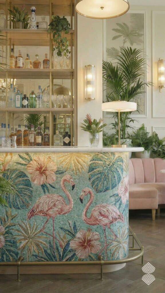 Flamingos and tropical leaves mosaic home bar designs