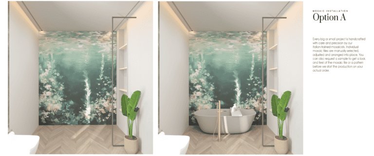 A presentation featuring two side-by-side 3D renderings of a modern bathroom with a green underwater-themed mosaic feature wall