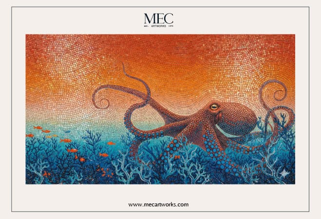 Artwork with bold colors and octopus motif in mosaic