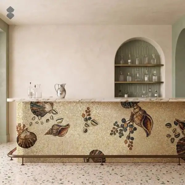Conchetta Conchetta mosaic features handcrafted conch and scallop shells with botanical accents across a warm ivory background.