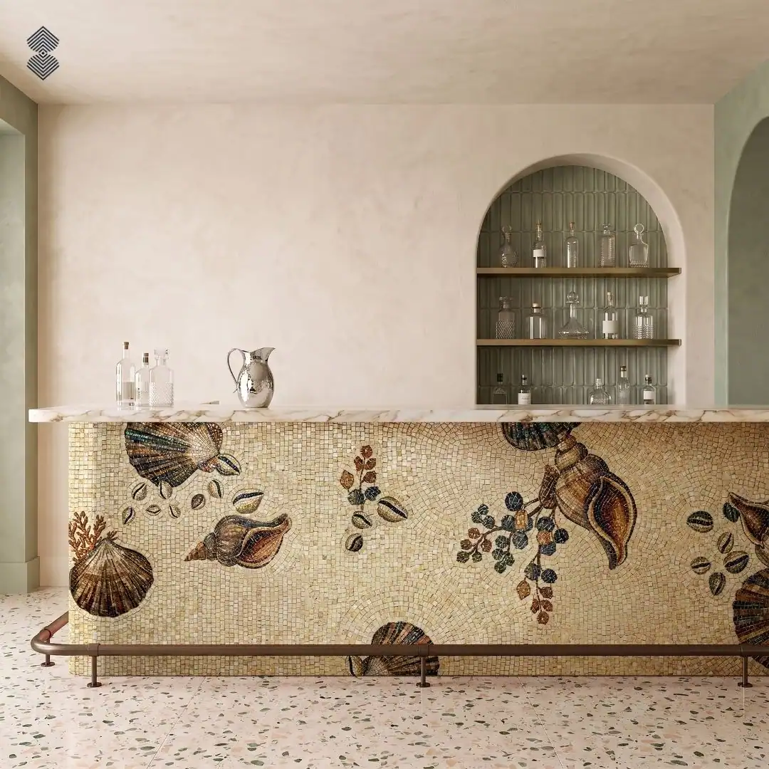 Conchetta mosaic features handcrafted conch and scallop shells with botanical accents across a warm ivory background.