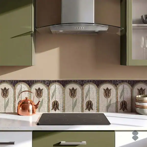 Damask Colonade Mosaic Backsplash Damask Colonnade mosaic backsplash features repeating ivory arches, plum tulips, green leaves, and golden accents throughout.