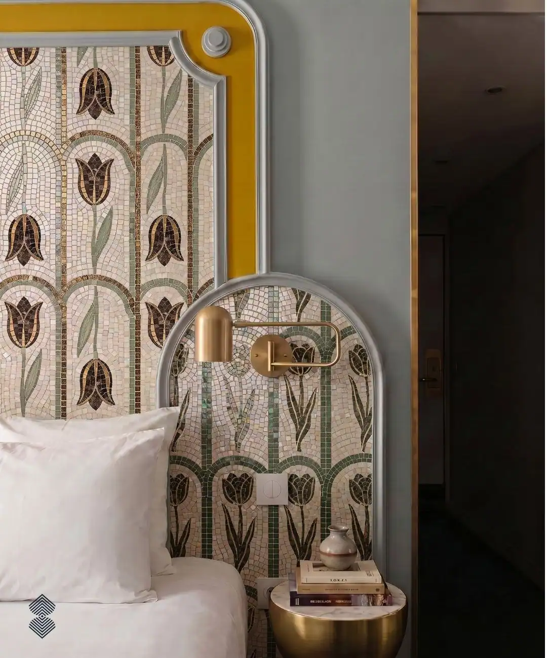 Damask Colonnade mosaic features repeating ivory arches, plum tulips, green leaves, and golden accents throughout.