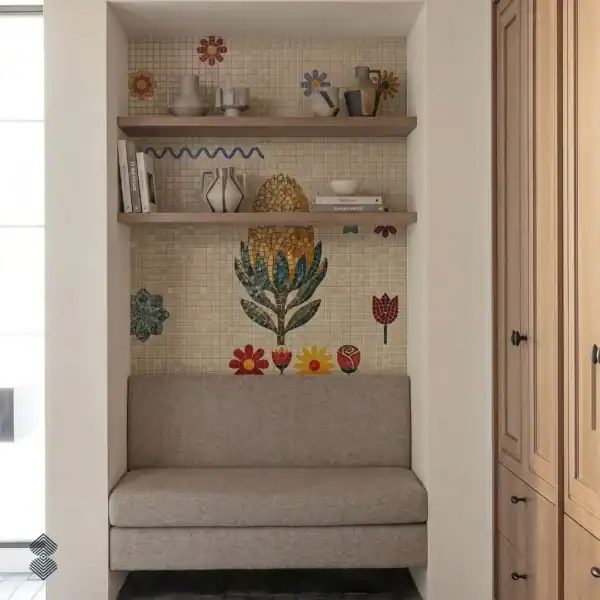 Ivory Nector Mosaic wall Ivory Nectar mosaic features colorful wildflowers and a golden botanical centerpiece across a warm ivory wall.
