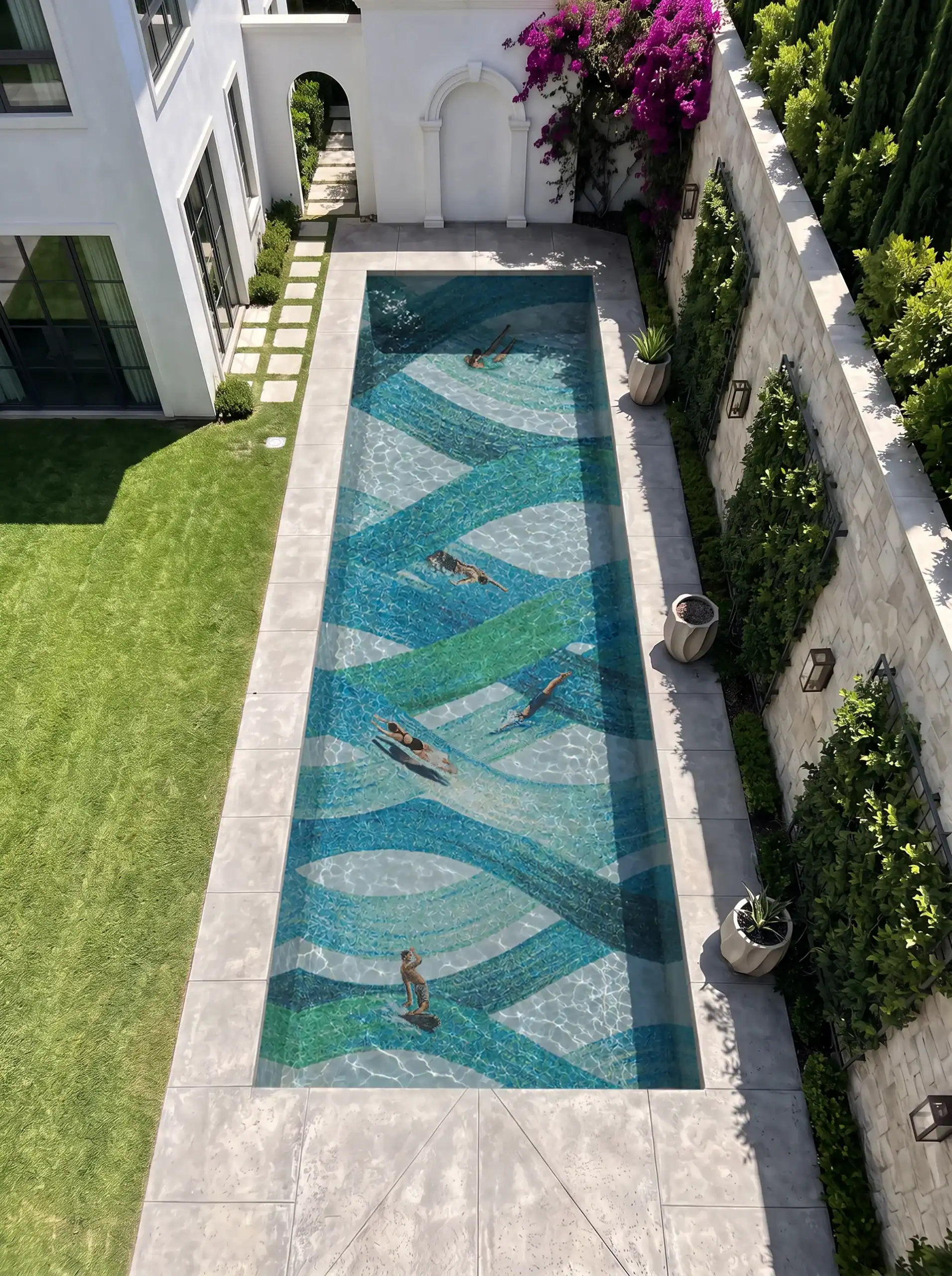 Larimar Sojourn pool mosaic with flowing aqua, turquoise, blue, green and white ribbons creating an abstract ocean-current design underwater.