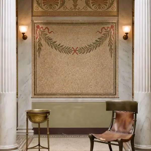 Laurel Frieze Laurel Frieze Mosaic with classical garlands, palmettes and Greek key borders in warm beige, terracotta and olive marble mosaic tones.