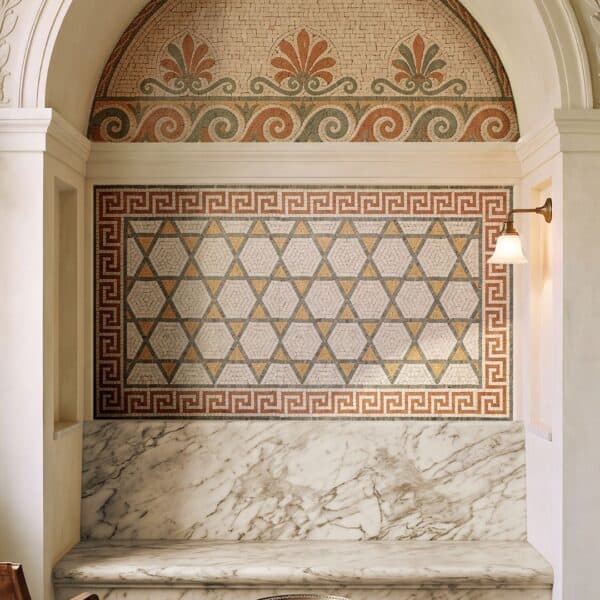 Palladian Star Palladian Star Mosaic with geometric stars, Greek key border and Roman palmette motifs in ivory, terracotta, sage and warm classical tones.