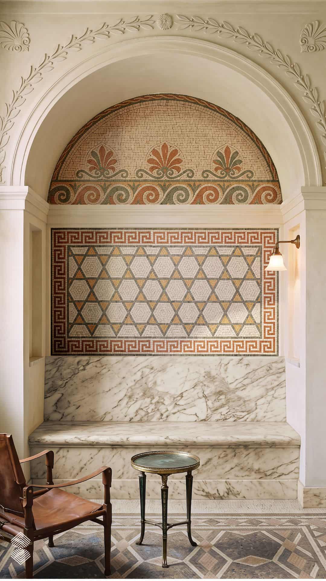 Palladian Star Mosaic with geometric stars, Greek key border and Roman palmette motifs in ivory, terracotta, sage and warm classical tones.