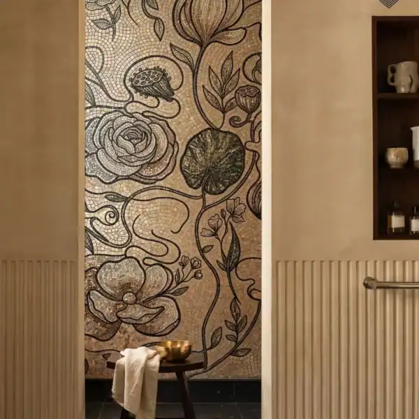 Resplendent Adagio Mosaic wall Resplendent Adagio mosaic wall features oversized flowers, winding vines, leaves, and seed pods in earthy tones.