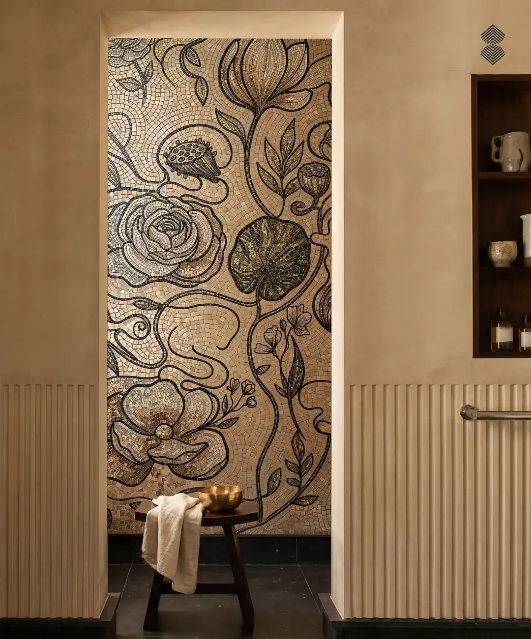 Resplendent Adagio mosaic wall features oversized flowers, winding vines, leaves, and seed pods in earthy tones.