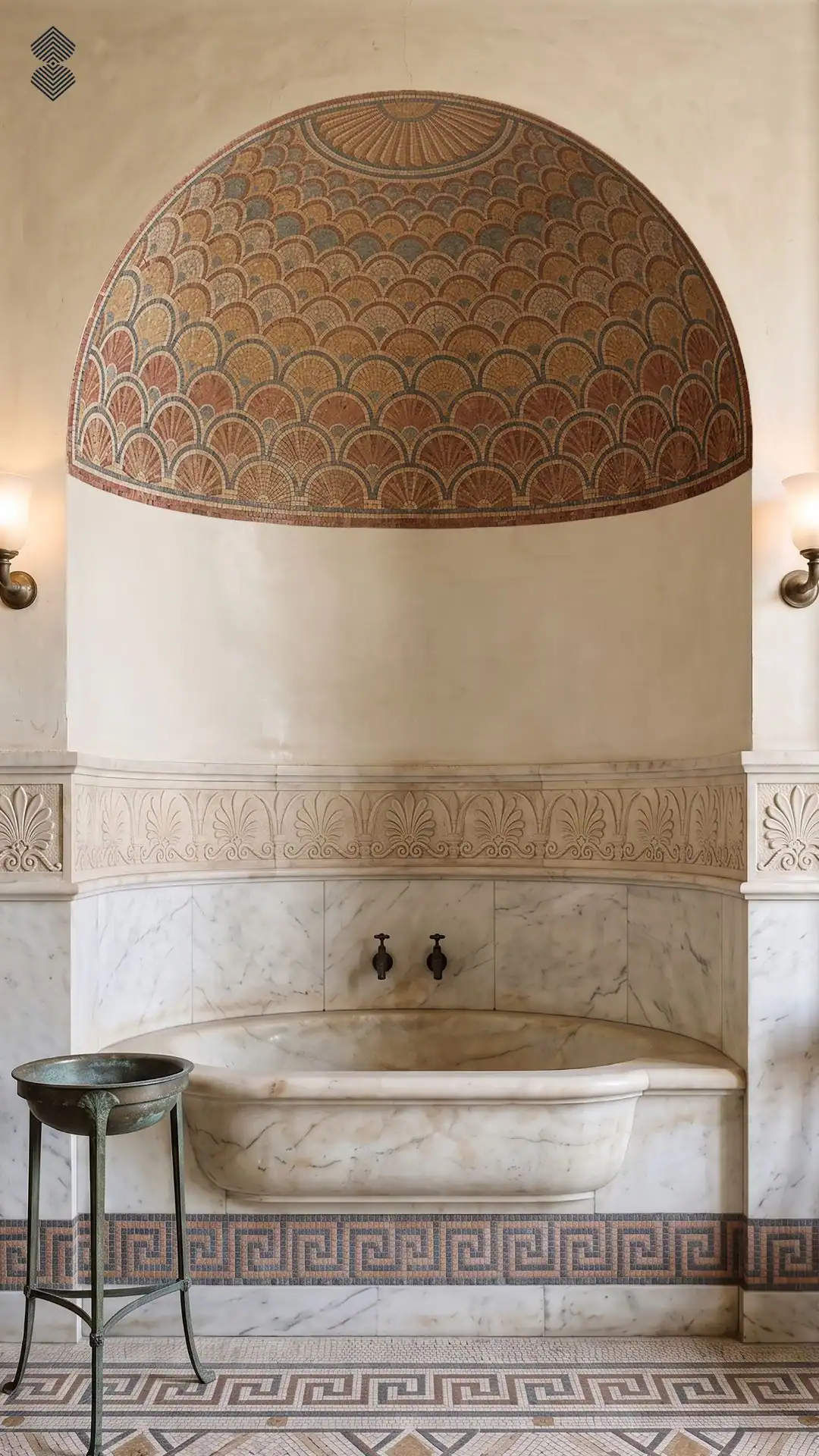 Roman Alcove Mosaic with layered scallop and fan motifs in terracotta, beige and muted blue tones, handcrafted for a classical curved wall niche.