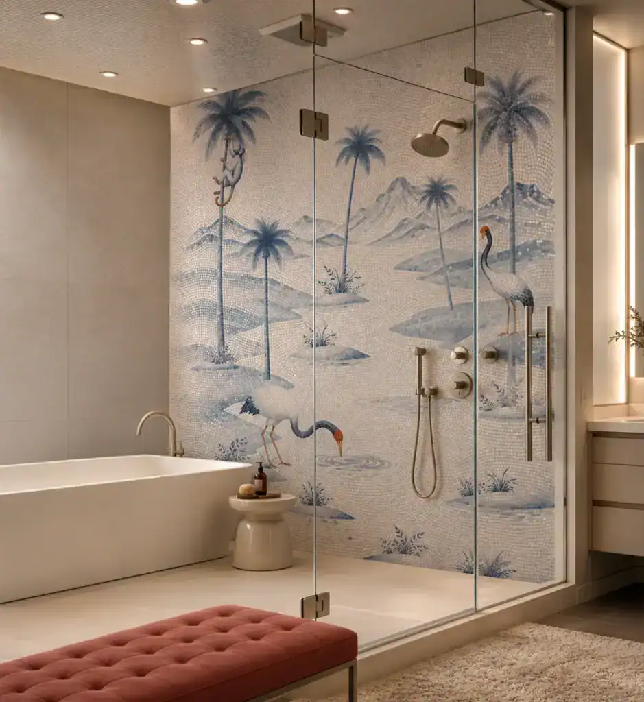 A modern bathroom with a freestanding white tub and a glass-enclosed shower featuring a large blue and white mosaic wall depicting palm trees, a climbing monkey, wading cranes, and distant mountains