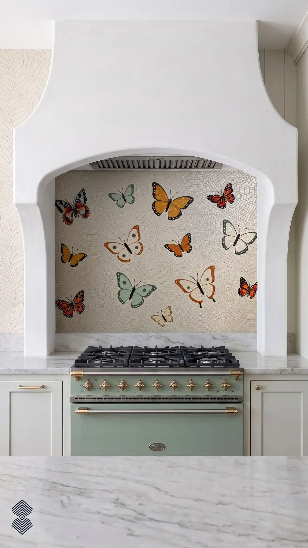 The Chrysalis Mosaic features colorful butterflies in orange, sage, cream and red tones across a soft ivory handcrafted mosaic kitchen backsplash.
