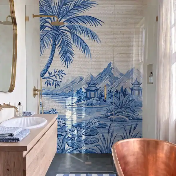 The Delftmark Mosaic Delftmark mosaic shower mural with blue palm, mountains, pagodas and lotus pond, handcrafted in detailed glass and marble mosaic tesserae.