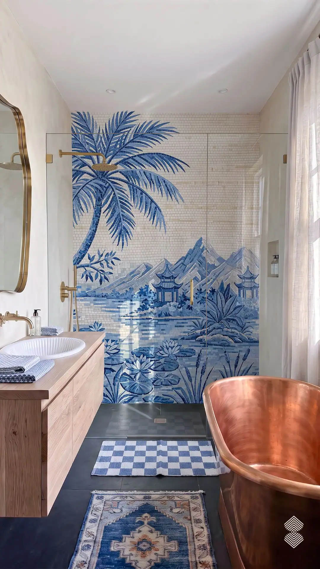 Delftmark mosaic shower mural with blue palm, mountains, pagodas and lotus pond, handcrafted in detailed glass and marble mosaic tesserae.