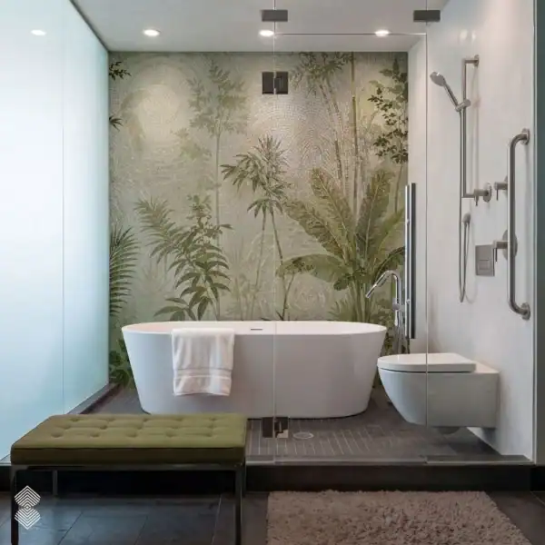 The Herbarium Bathroom Mosaic Herbarium bathroom mosaic with layered tropical palms and leaves in sage, olive and ivory, handcrafted in glass and marble mosaic tesserae.