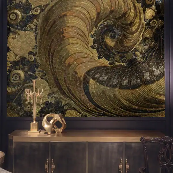 The Nautilus The Nautilus Mosaic features a dramatic golden spiral shell in bronze, champagne and black glass and marble mosaic tesserae for luxury interiors.