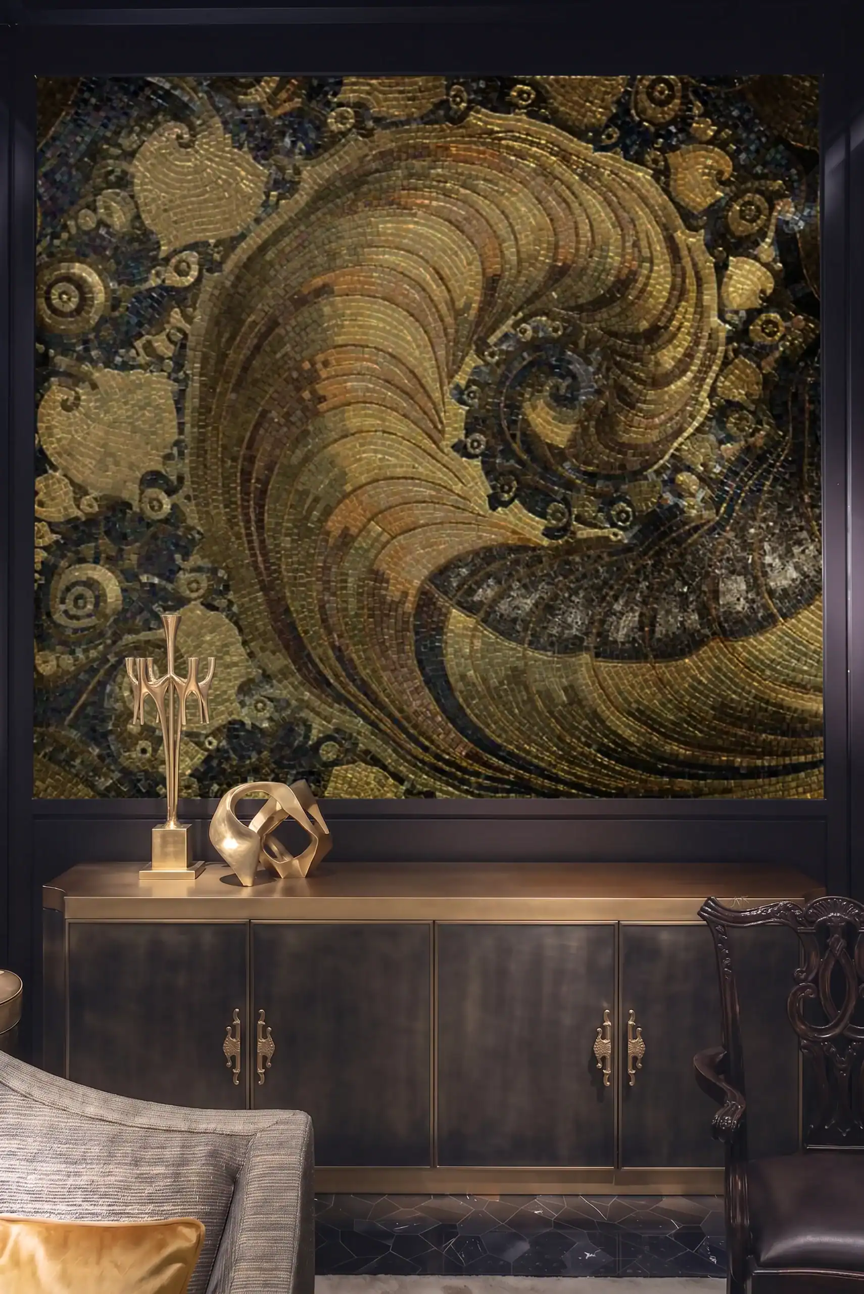 The Nautilus Mosaic features a dramatic golden spiral shell in bronze, champagne and black glass and marble mosaic tesserae for luxury interiors.