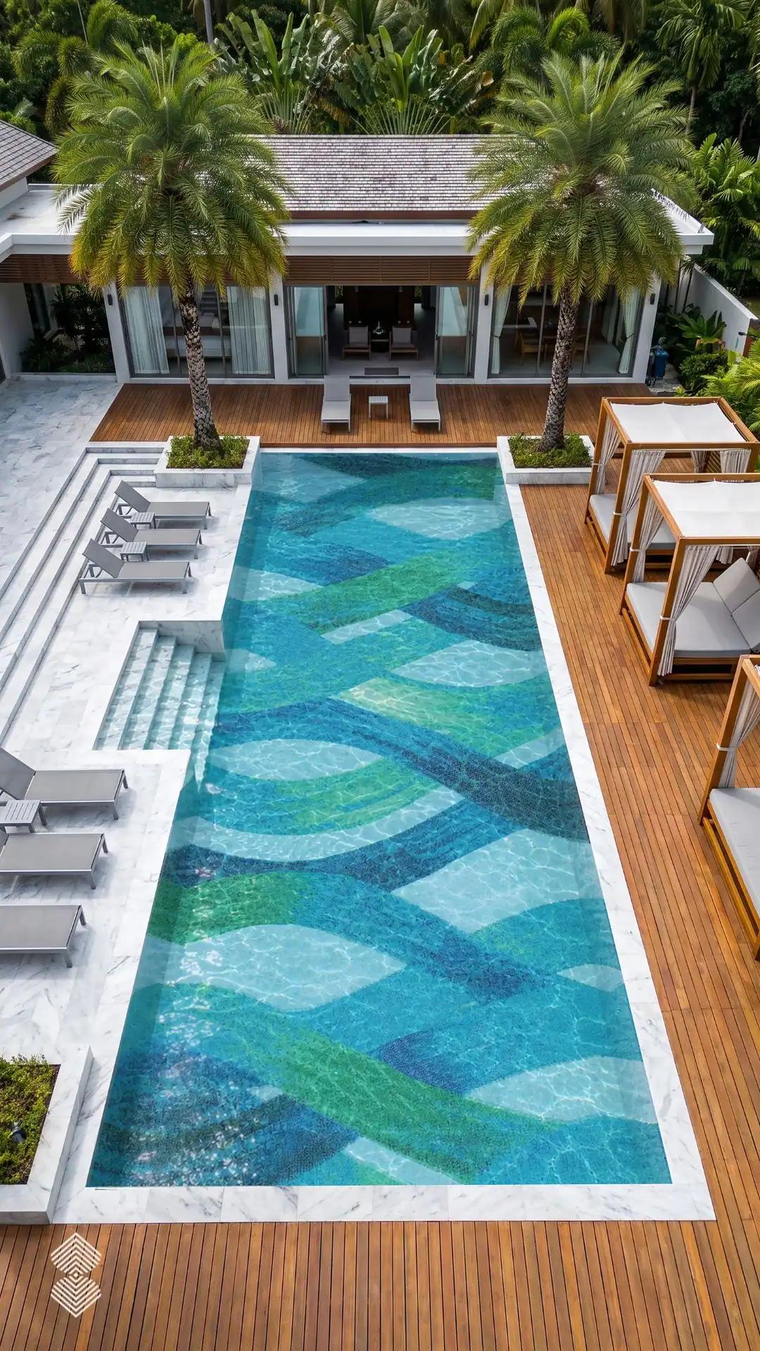 Verre Céleste Mosaic features flowing turquoise, blue, green and white glass mosaic forms across a luxury swimming pool with an abstract design.