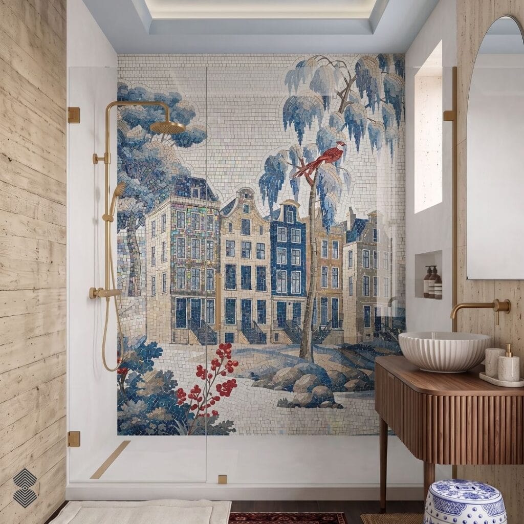 A bathroom shower featuring a mosaic wall depicting a row of Dutch-style houses, stylized trees, and a red bird in predominantly blue, white, and earthy tones.