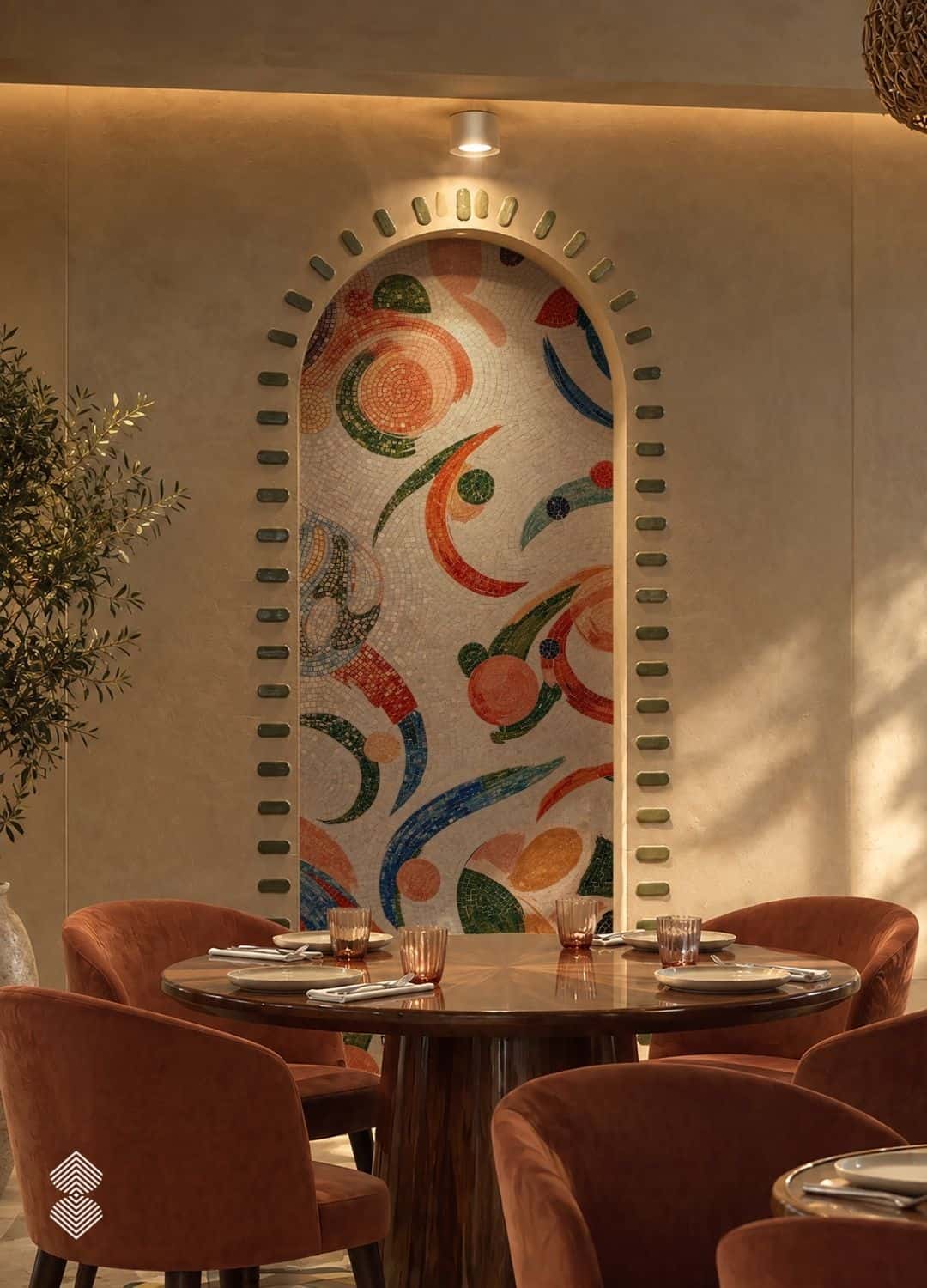 An abstract floral arch mosaic in coral, green and blue tesserae set inside a curved wall niche.
