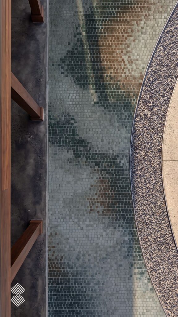 mosaic walkway tile path with a soft gray-green color