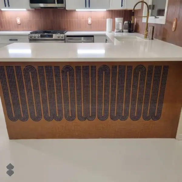 amberloop Amber Loop mosaic features deep plum geometric loops across a warm terracotta contemporary kitchen island front.