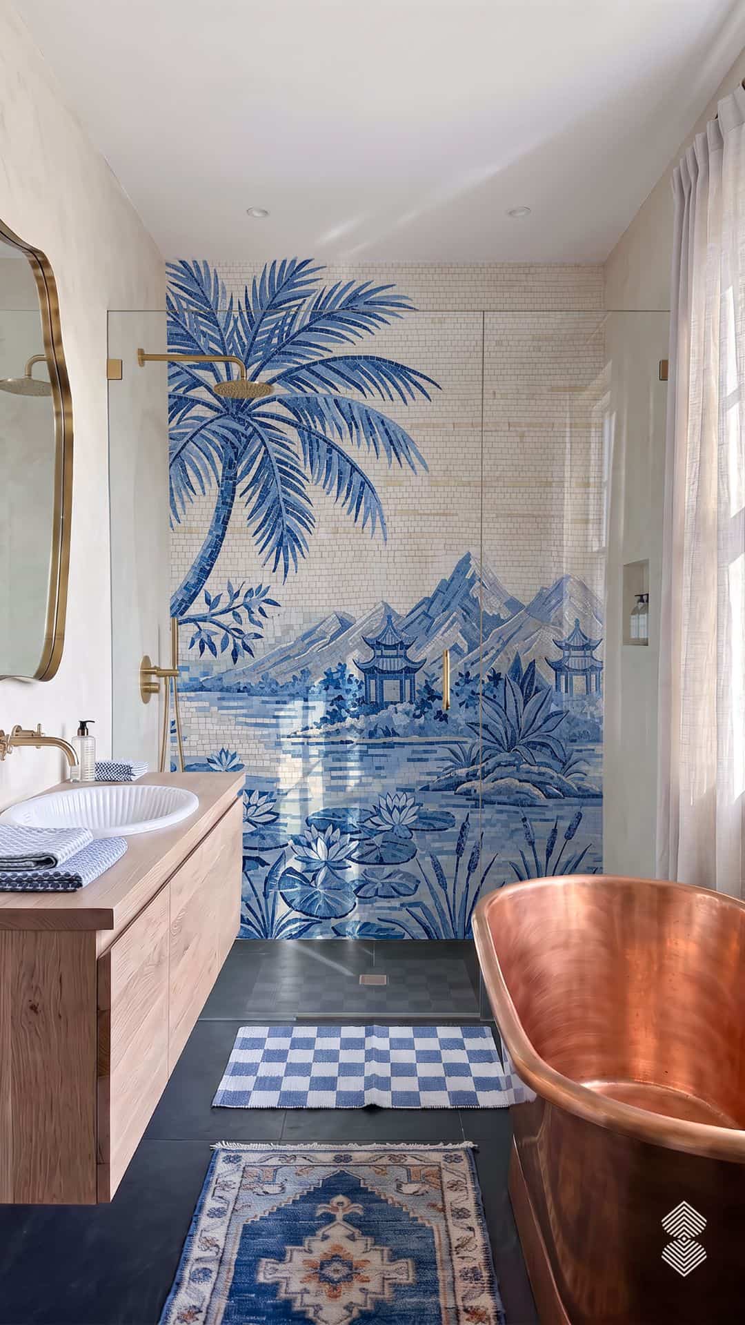 A bathroom featuring a copper freestanding bathtub and a shower enclosure with a blue and white mosaic wall art displaying palm trees, Asian-style pagodas, and lotus flowers against a mountain landscape.