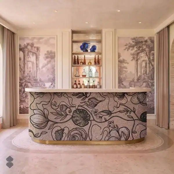 blushcroft Blush Croft mosaic bar features oversized flowers, flowing vines, leaves, and seed pods in blush tones.