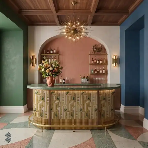 champagne-fronds Champagne Fronds mosaic bar features geometric golden arches with green botanical accents and Art Deco styling.