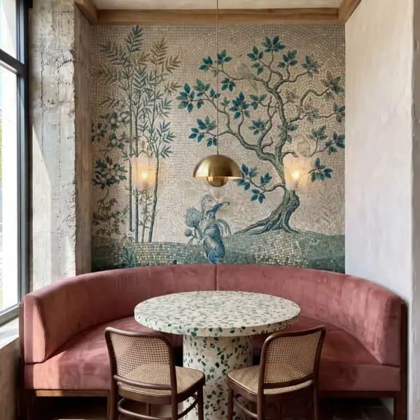 Chinoiserie Tree and Hare Mural Mosaic A chinoiserie tree mural mosaic on a cafe accent wall showing a leafy tree, bamboo, a bird and a hare in teal and gold tesserae.